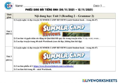Phiếu giao bài Tiếng Anh tuần từ 08.11 đến 12.11