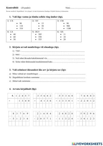 Rooma numbrid. Arvu järgud. Järguühikud. Kirjalik liitmine ja lahutamine.