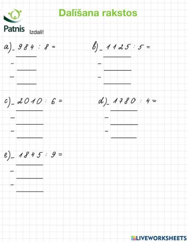 Mājasdarbs - Dalīšana rakstos