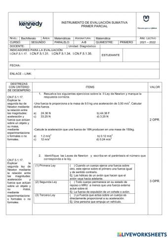 Prueba primer parcial Física 2do Bachillerato