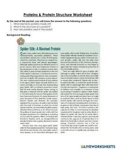 Proteins & Protein Structure Worksheet