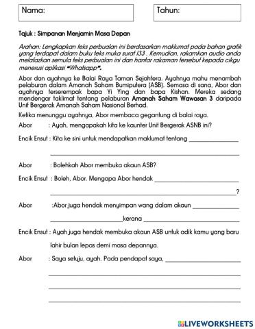 Tema 7: Unit 21: Tajuk: Simpanan Menjamin Masa Depan