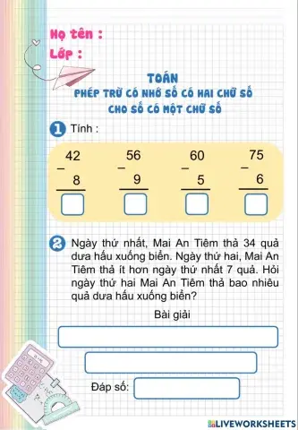 Phép trừ (có nhớ) số có 2 chữ số cho số có 1 chữ số