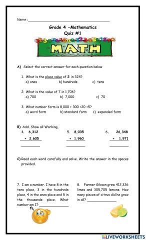 Math Quiz Place Value and Addition