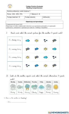 Reading comprehension Seasons, weather and clothes