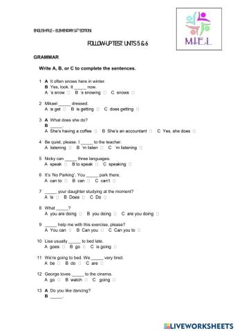 English File - Elementary (4th ed.) Quick test 5 & 6