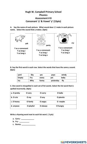 Y as a vowel and consonant quiz