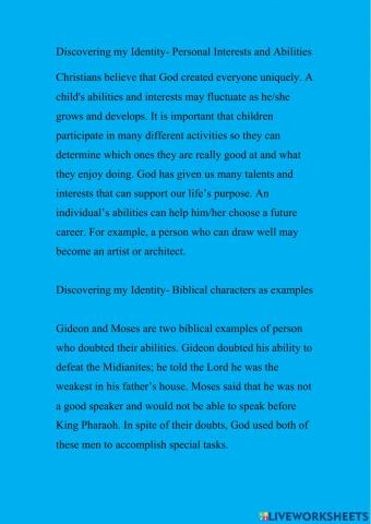 Discovering my Identity-Personal Interests and Abilities