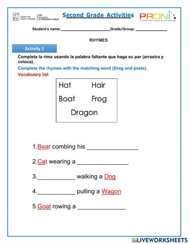 2nd Grade Evaluación Primer Trimestre K