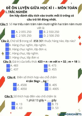 Đề ôn luyện giữa học kì i – môn toán