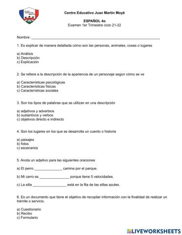 Examen 1er trimestre Español