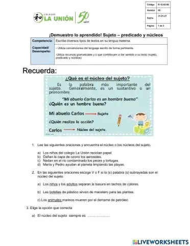 Núcleo del sujeto y predicado