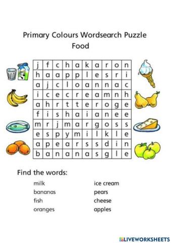 Word search about foods