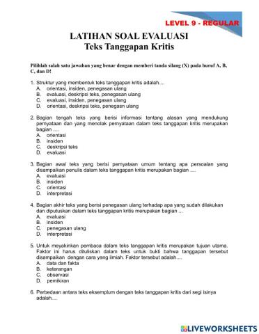 Latihan Soal Evaluasi - Teks Tanggapan Kritis