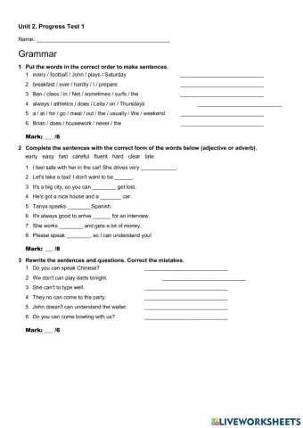 Solution Elementary 2nd Progress Test.  UNIT 2 (-1)