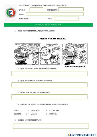 Avaliação de Língua Portuguesa