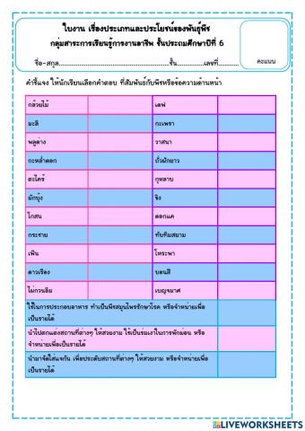 ใบงานวิชาการงานอาชีพ ประเภทและประโยชน์ของพันธุ์พืช