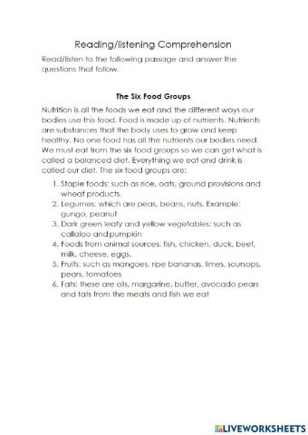 Food Group Reading Comprehension