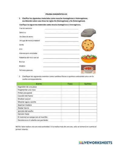 Prueba Diagnóstica Cambios y Clasificación de la Materia