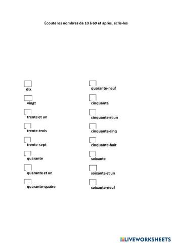 Les nombres de 10 à 69