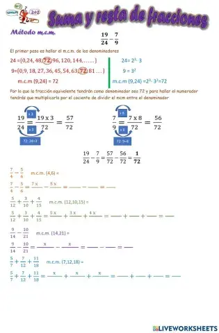 Sumas y restas con fracciones de distinto denominador-m.c.m.