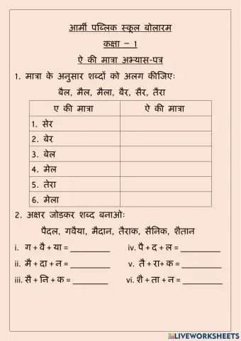 ऐ की मात्रा Worksheet