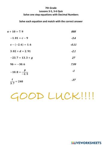 7th Quiz One Step Inequalities
