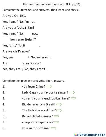 Be: questions and short answers. EPS. (pg.17).