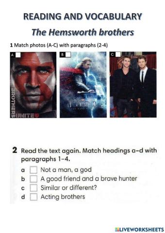 Wider World 1 - Unit 1.3 - READING and VOCABULARY (The Hemsworth brothers)