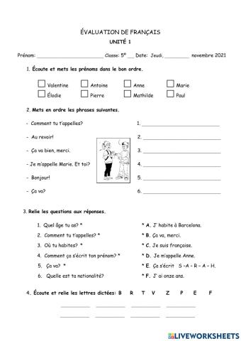 Évaluation de français unité 1