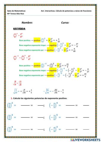 Potencias y raíces de fracciones