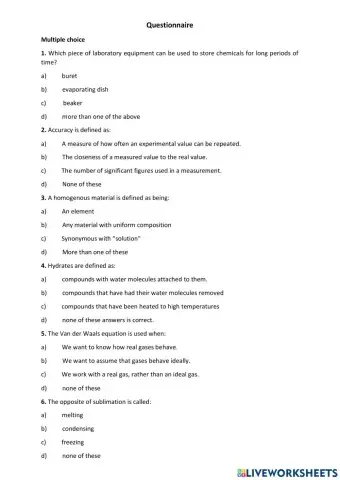 Questionnaire on Biochemistry