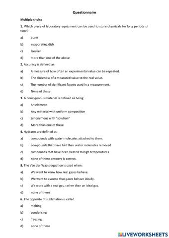 Questionnaire on Biochemistry