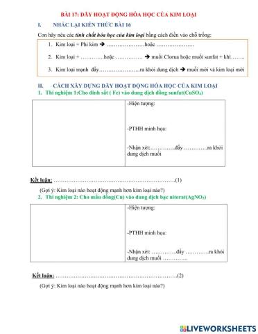Bài 17: Dãy hoạt động hóa học của kim loại