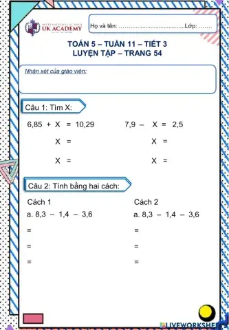 Toán 5 - Tuần 11 - Luyện tập trang 54