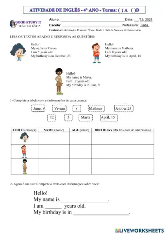 4°ano - inglês- personal information - 01 e 02 -12-21