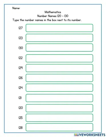Numbers Names 120-130 Spelling