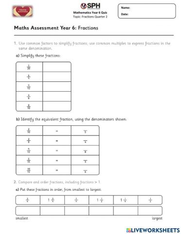 Year 6 Math Quiz Fractions
