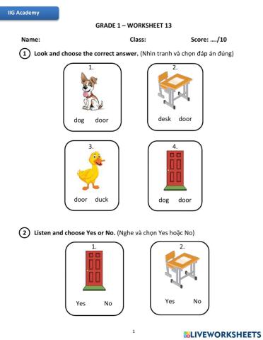 IIG-Grade 1-Worksheet 13