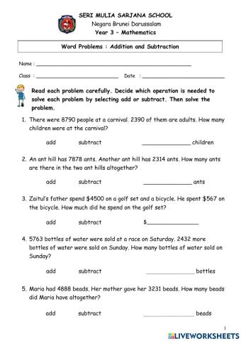 Word Problems involving Addition and Subtraction