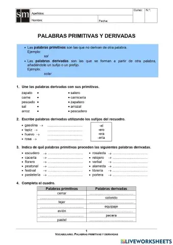 Palabras primitivas y derivadas