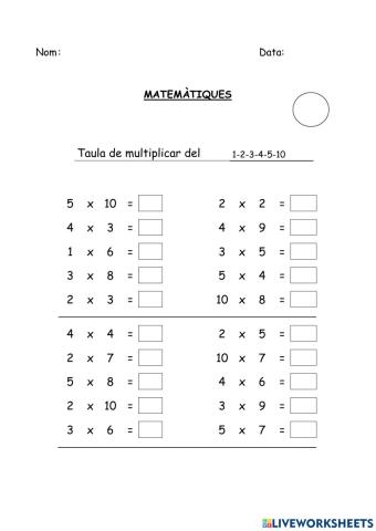 Taules de multiplicar 1,2,3,4,5,10