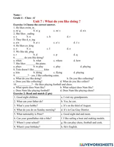 Grade 4 -Unit 7 : What do you like doing ?