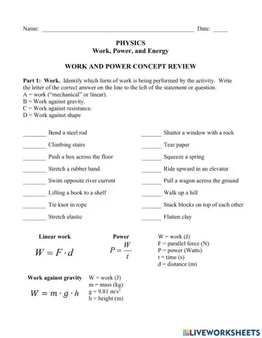 Work & Power Concept Review