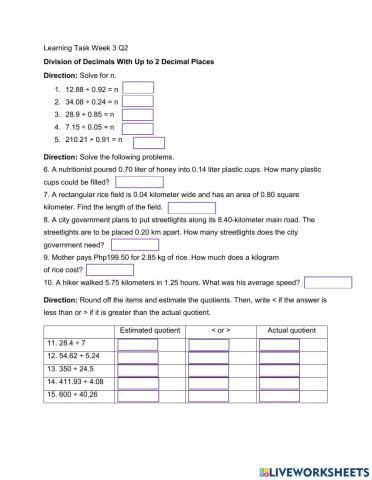 Division of Decimals With Up to 2 Decimal Places
