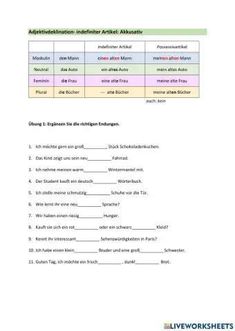 Adjektivdeklination-Indefiniter Artikel-Akkusativ
