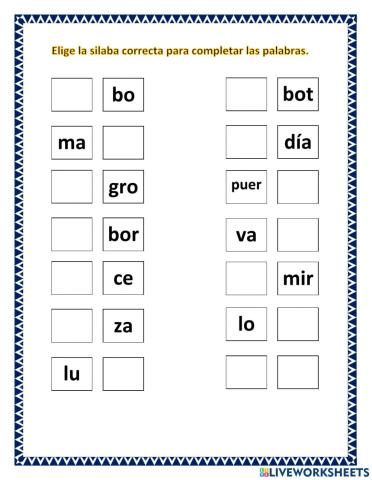 Completando palabras de dos silabas