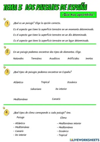 Los paisajes de España ficha de repaso.