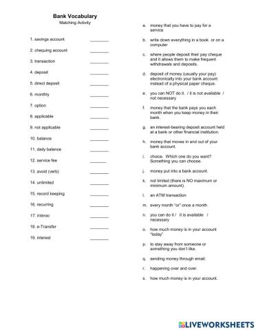 Banking Vocabulary Match