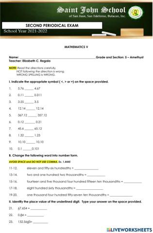 Mathematics 5 - 2nd Periodical Exam